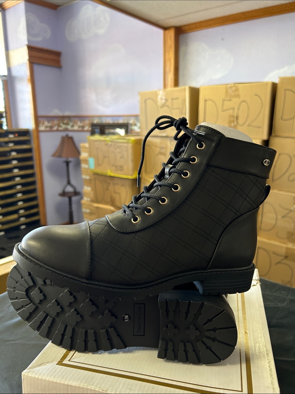 Charter Club Black Lace-Up Quilted Combat Boots